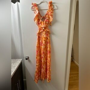 Zara linen ruffled cutout orange floral maxi dress
